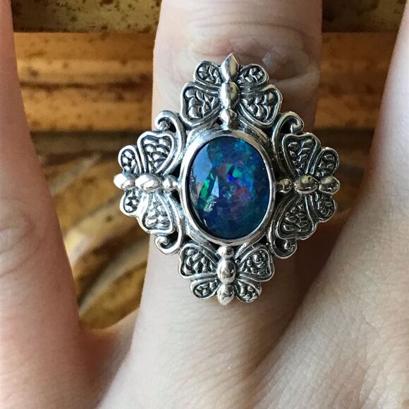 Australian Blue Opal Sterling Silver Butterfly Ring - Picture 1 of 8